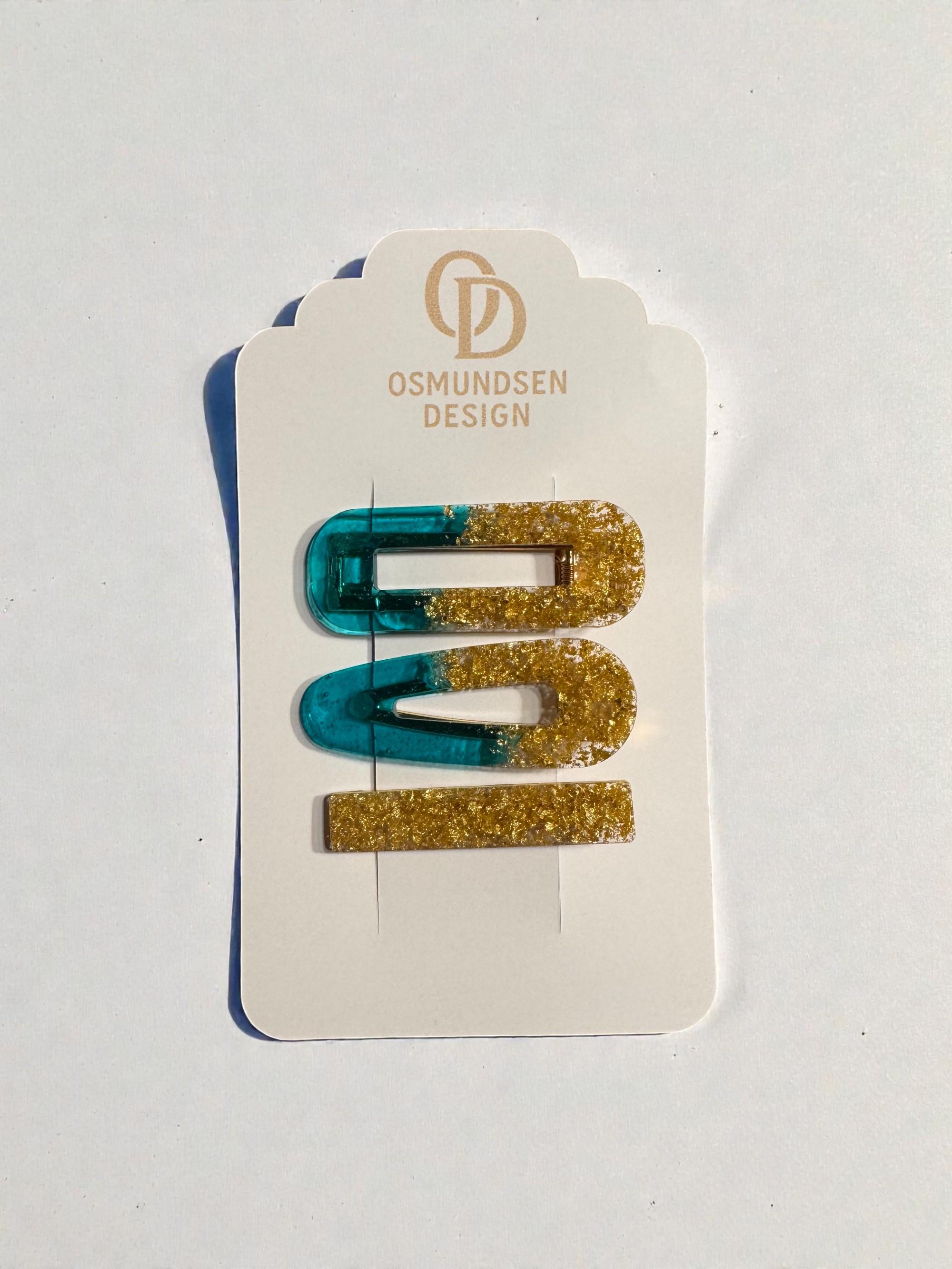 Hårspenner blå/gull flak - sett med 3 stk