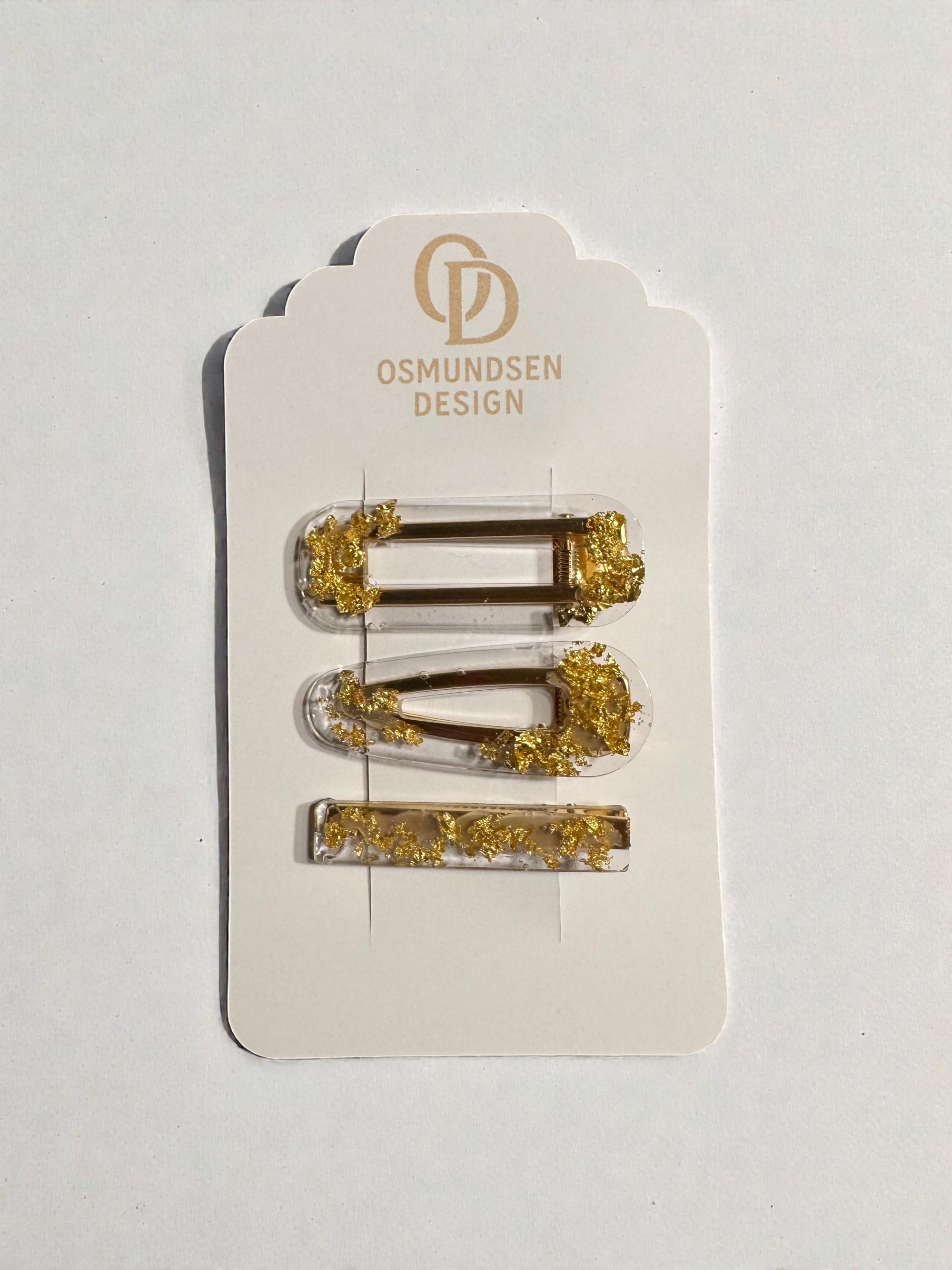 Hårspenner gjennomsiktig/gullflak - sett med 3 stk
